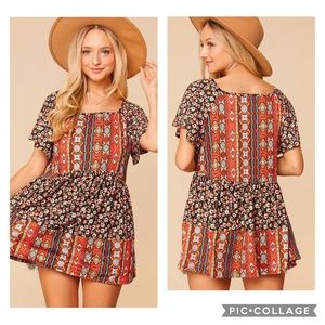BLACK SPICE FLORAL BOHO PRINT BABYDOLL BLOUSE